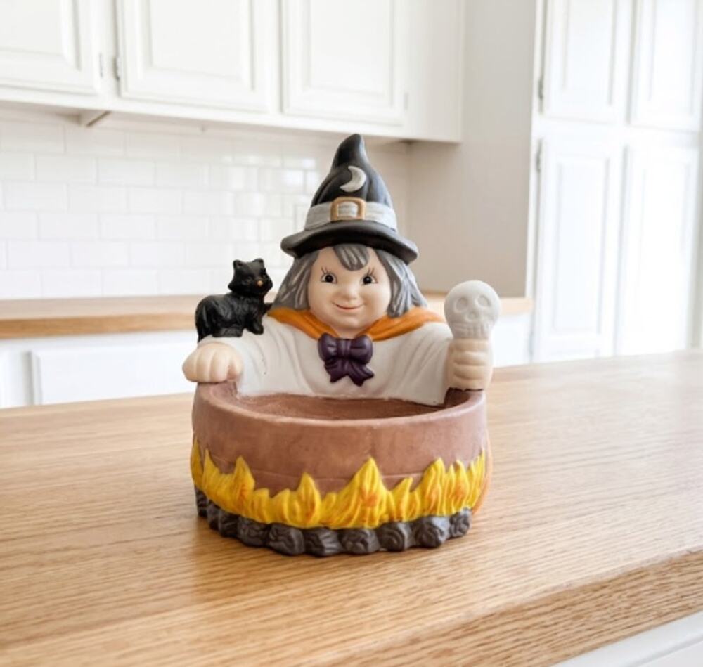 Vintage 90s Ceramic Witch Cauldron Candy Dish Halloween Decor Skull Black Cat